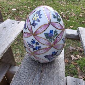 Vintage Decorative Egg Figurine Pink Ribbon Hand Painted Floral Gold Detail 5"